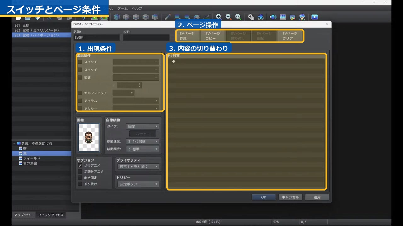 RPGツクールMZのイベントページ画面。スイッチやセルフスイッチによる出現条件を示している。