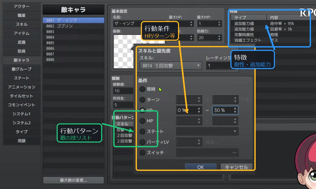 敵キャラの行動パターンと特徴設定を示したスクリーンショット。