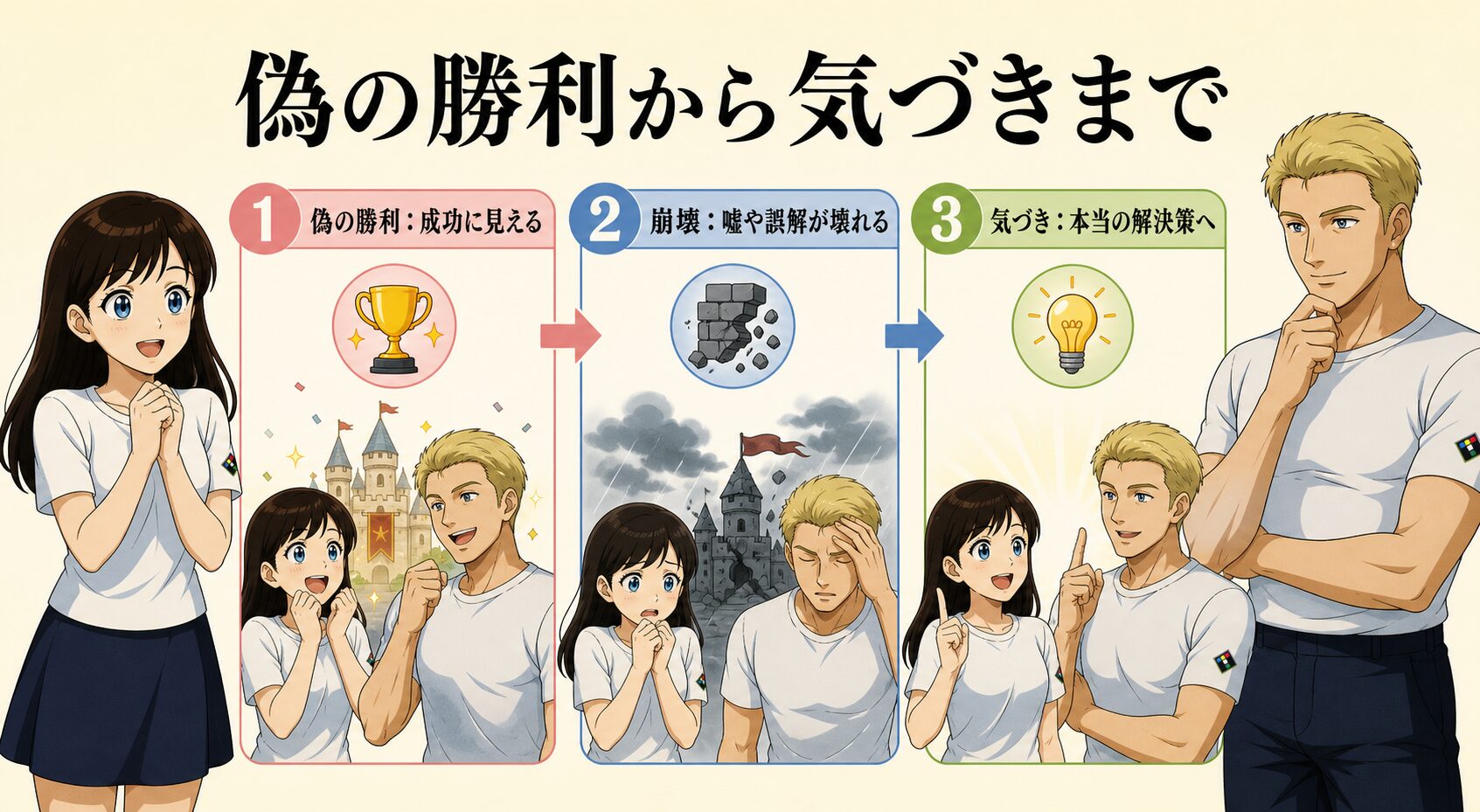 偽の勝利から崩壊、気づきへ進む流れを整理した図解