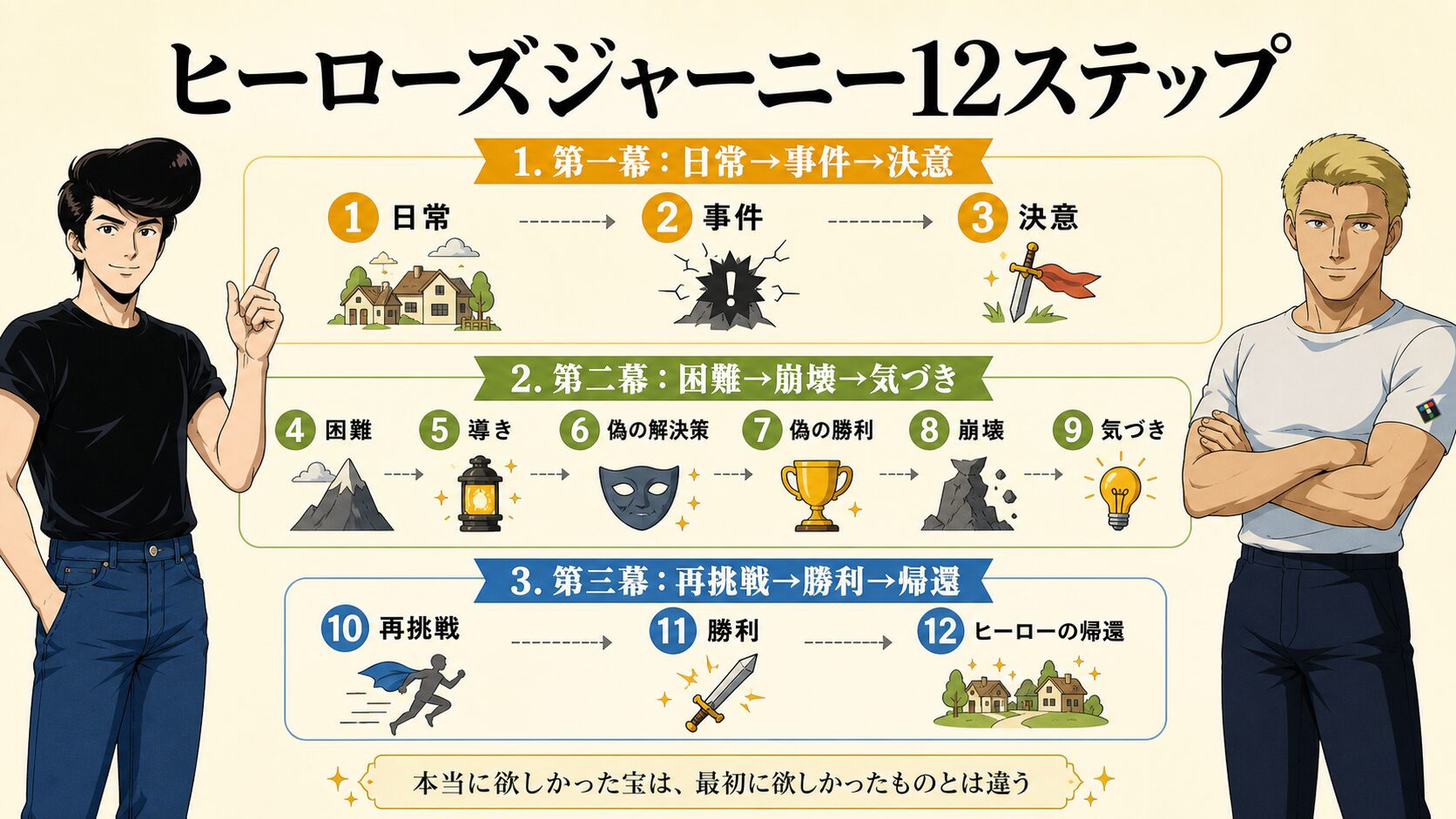 ヒーローズジャーニー12ステップを三幕構成に分けて整理した図解