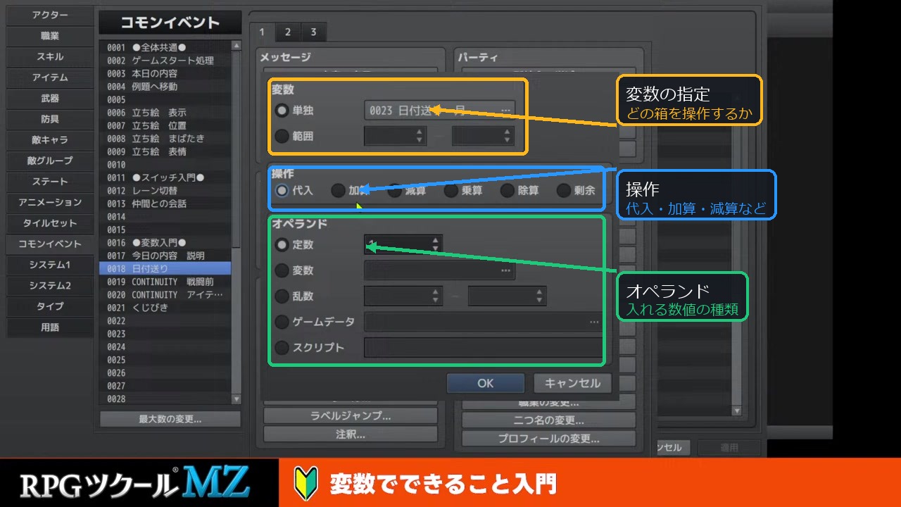 RPGツクールMZの変数の操作画面で、変数の指定・操作・オペランドを注釈したスクリーンショット