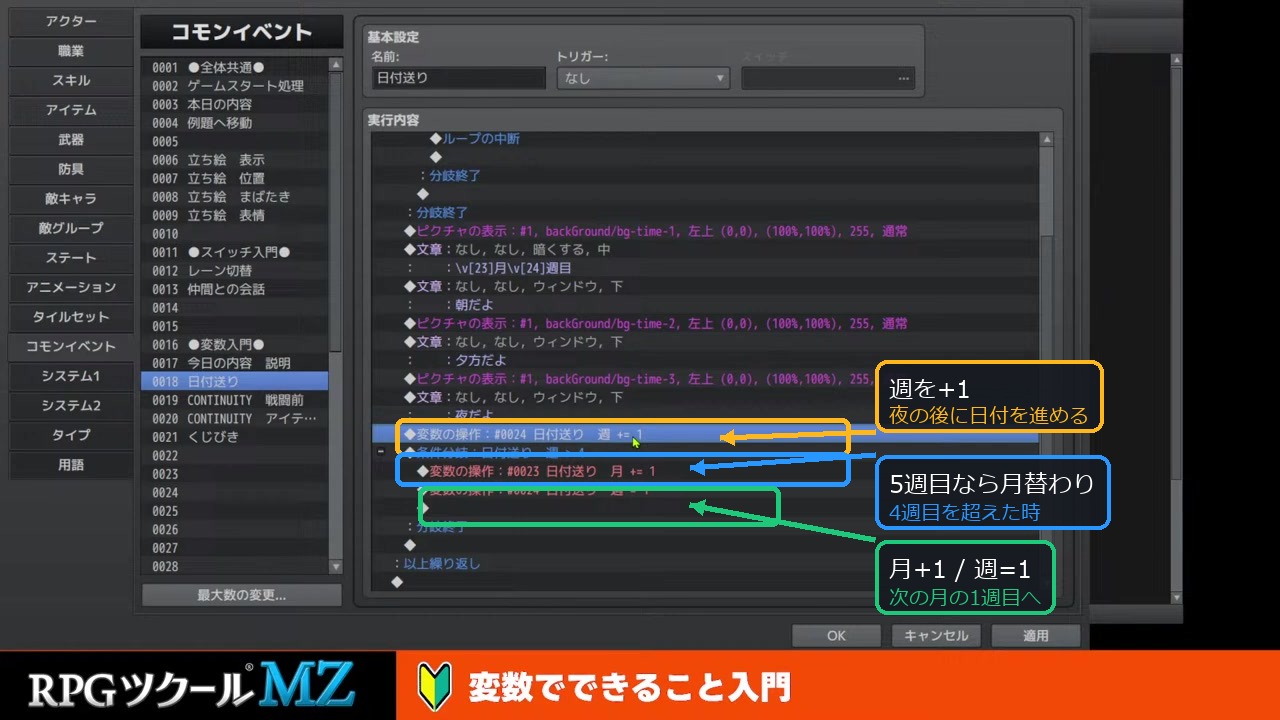 日付送りイベントで週を加算し、5週目で月を進めて週を1に戻す処理を注釈したスクリーンショット