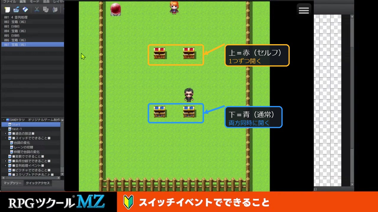 セルフスイッチと通常スイッチの宝箱を並べて比較するマップ画面