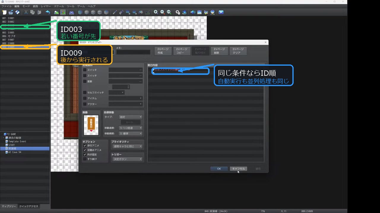 RPGツクールMZでイベントIDが若い順に自動実行と並列処理が処理されることを示す画面