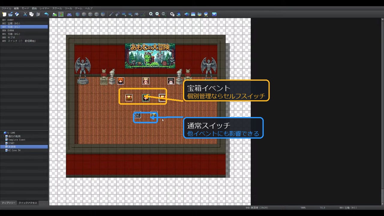 宝箱イベントを例にセルフスイッチと通常スイッチの影響範囲を比較した注釈付きスクリーンショット