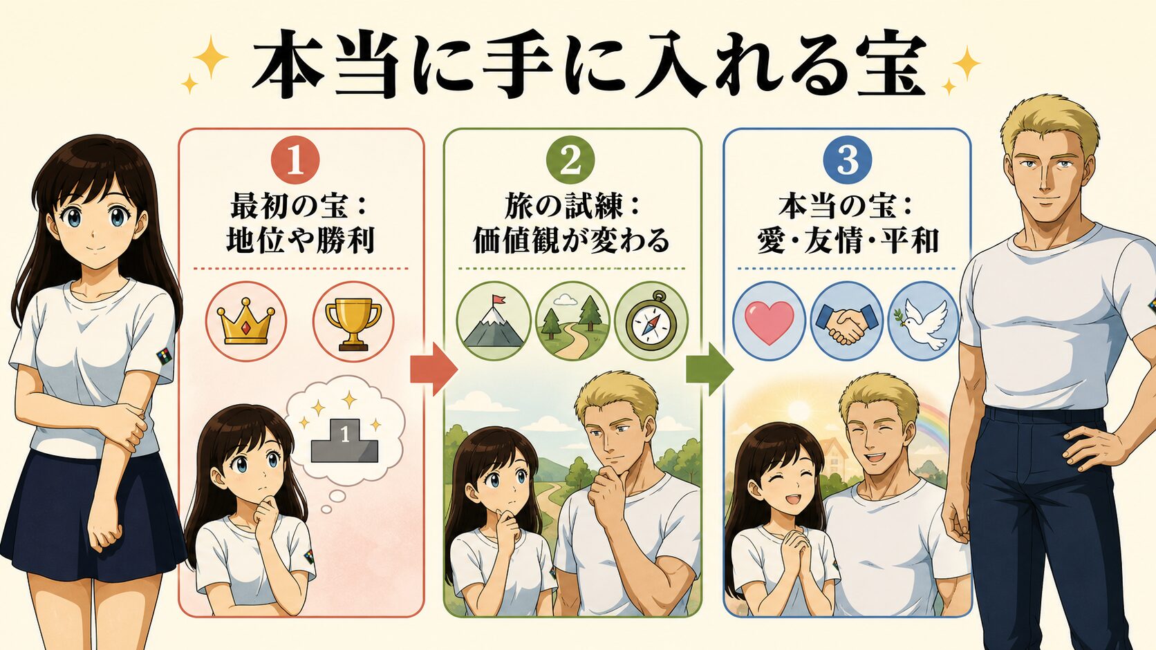 主人公が最初に欲しかった宝と本当に手に入れる宝の違いを整理した図解