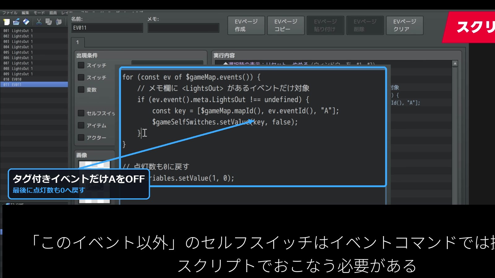 LightsOutタグ付きイベントのセルフスイッチAをOFFにするリセットコード